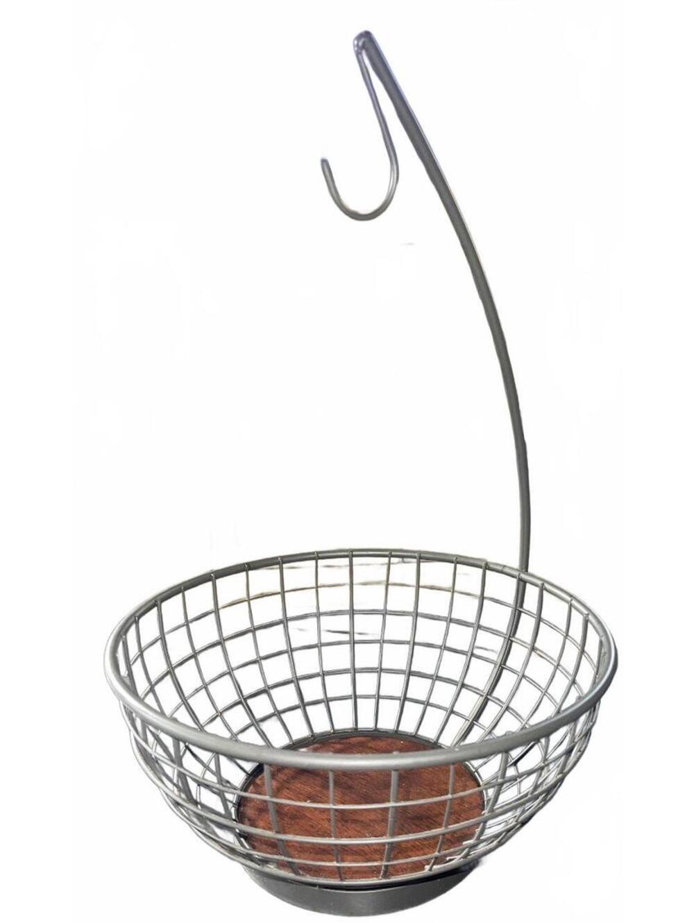 Metal Hanging Fruit Basket with Wooden Base